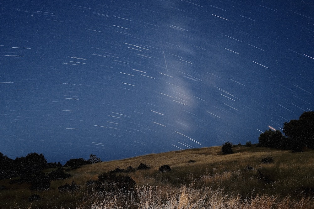 the night sky is full of star trails