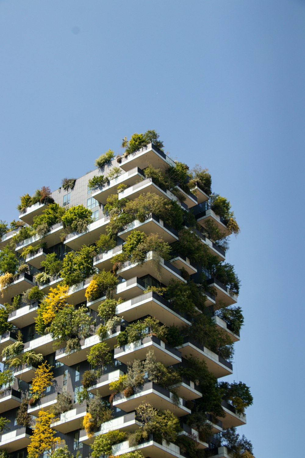 a very tall building with lots of plants growing on it