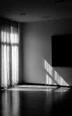 Natural light flooding a minimalist room with wooden furniture.