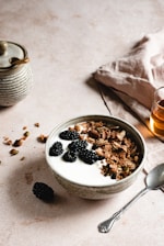 a bowl of yogurt with blackberries and granola
