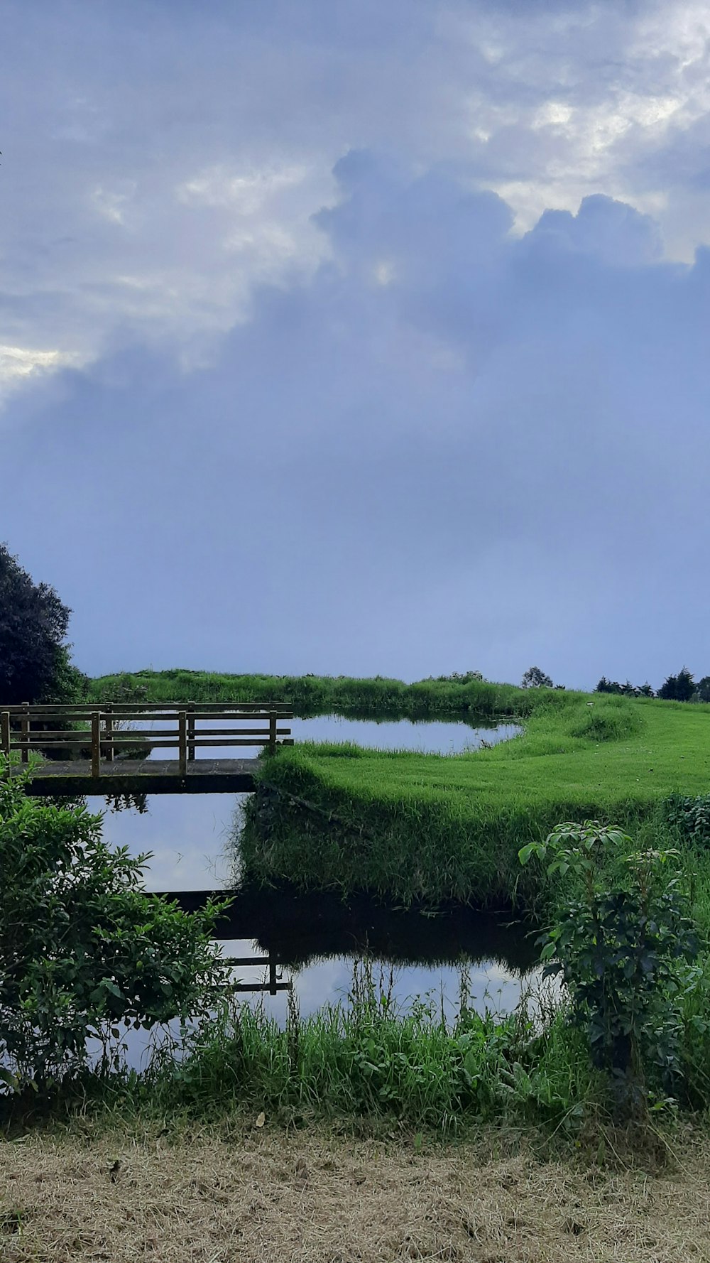 a bridge over a body of water near a lush green field