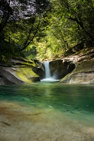 A serene waterfall cascades into a clear pool, surrounded by lush, verdant trees that create a canopy overhead. Sunlight filters through the leaves, casting dappled patterns on the rocks and water. The scene is tranquil and secluded, embodying a perfect natural retreat.