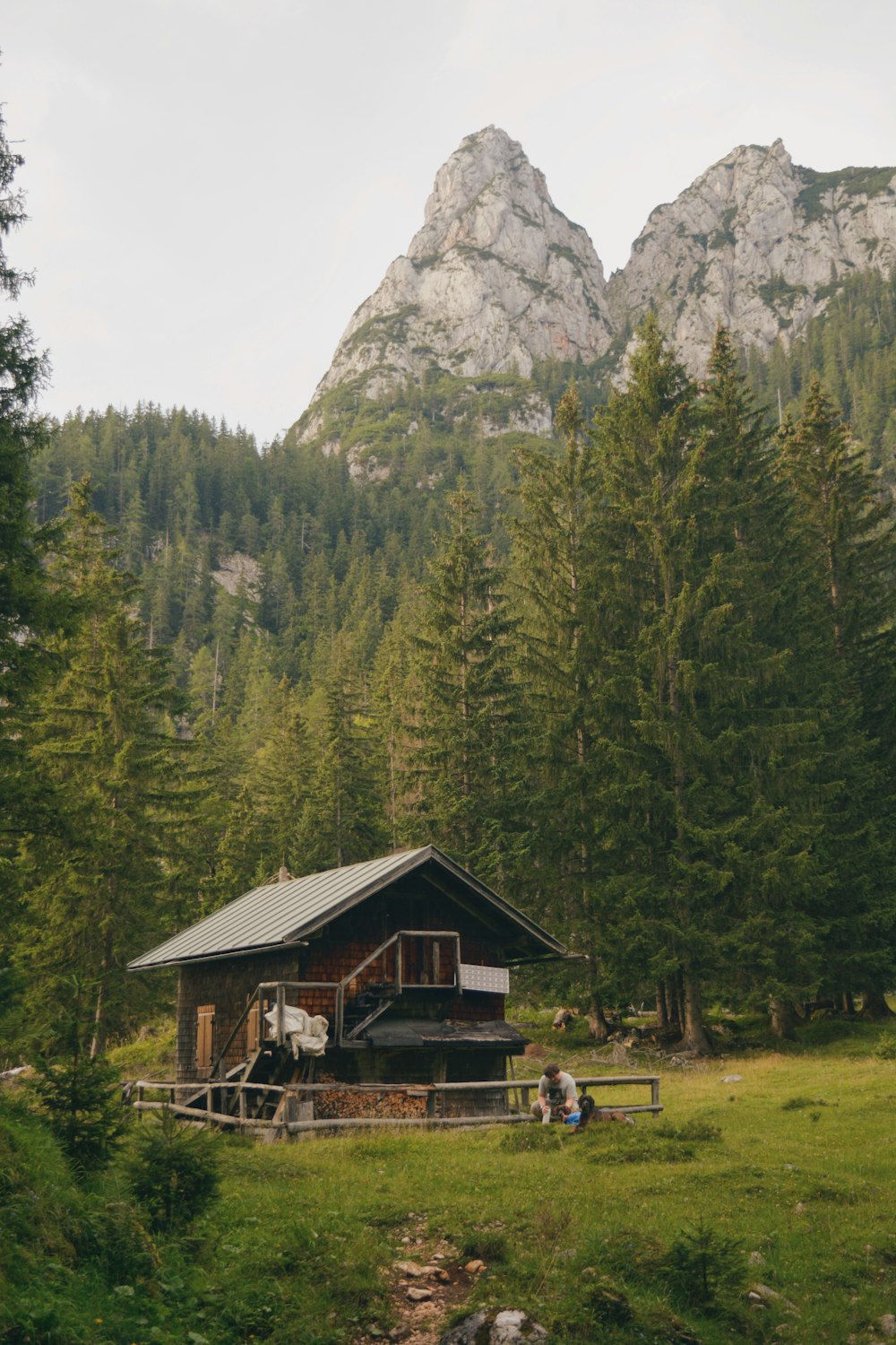 a cabin in the woods with mountains in the background