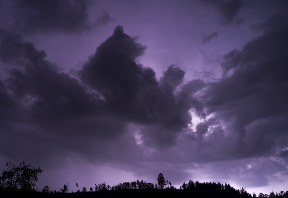 a purple sky with clouds and trees in the foreground
