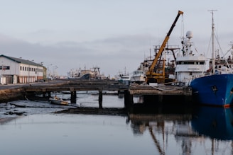a harbor with boats docked and a crane in the foreground