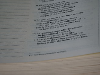 Text from a book, with a passage likely from a religious or spiritual context. The text includes verses numbered 16 and 17, talking about enemies, God's planning, and fulfillment of His word. The text also includes a footnote at the bottom.