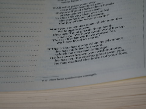 Text from a book, with a passage likely from a religious or spiritual context. The text includes verses numbered 16 and 17, talking about enemies, God's planning, and fulfillment of His word. The text also includes a footnote at the bottom.