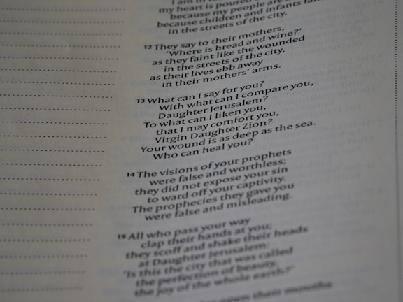A close-up of a page from a book, featuring text in a poetic or biblical format with numbered sections. The text is focused on themes of comparison, comfort, and false visions. The left margin of the page includes evenly spaced dotted lines.