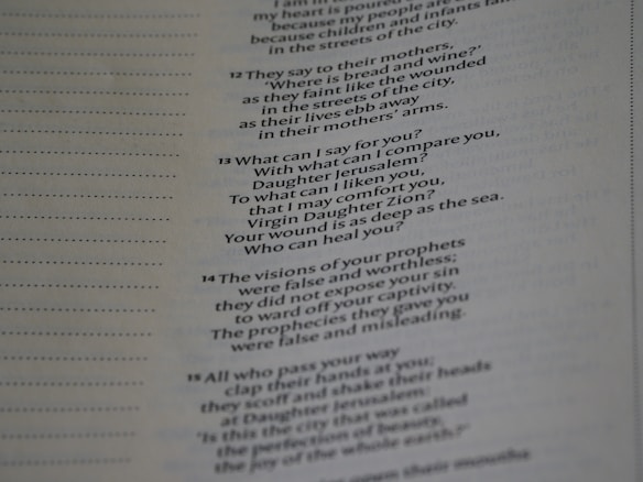 A close-up of a page from a book, featuring text in a poetic or biblical format with numbered sections. The text is focused on themes of comparison, comfort, and false visions. The left margin of the page includes evenly spaced dotted lines.