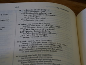 An open book displaying a passage from the Old Testament with text that discusses prayer, grief, and lamentation. The book is laid flat, and the focus is on the content, highlighting verses with emotional and religious themes.