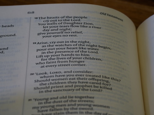 An open book displaying a passage from the Old Testament with text that discusses prayer, grief, and lamentation. The book is laid flat, and the focus is on the content, highlighting verses with emotional and religious themes.