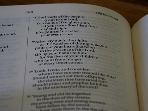 An open book displaying a passage from the Old Testament with text that discusses prayer, grief, and lamentation. The book is laid flat, and the focus is on the content, highlighting verses with emotional and religious themes.