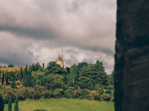 A rustic windmill is situated on a lush, green hill surrounded by dense trees and tall, slender bushes. The sky is overcast with thick, gray clouds, contributing to a moody and serene atmosphere.