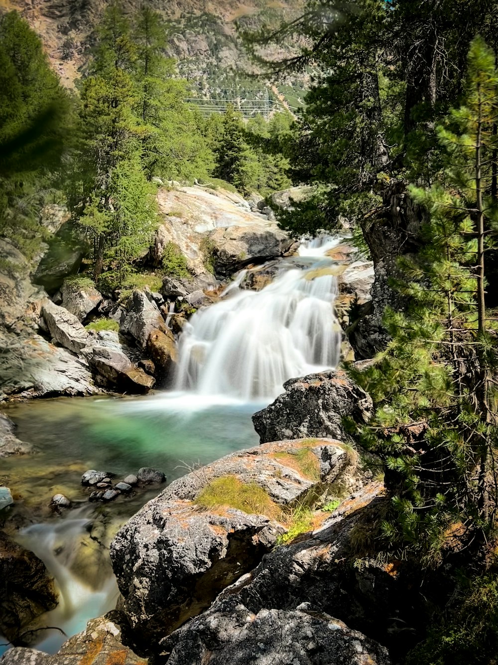 a small waterfall in the middle of a forest