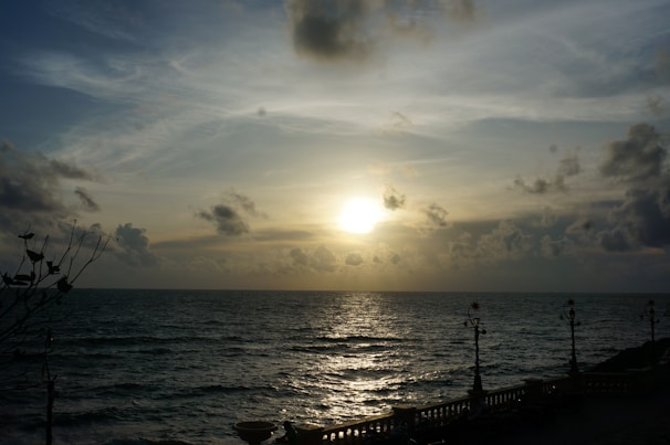 Elegant traveler overlooking a serene ocean sunset from a luxury resort balcony.