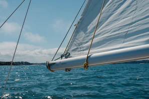 A close-up of the sailboat’s rigging with the Boston skyline fading in the background