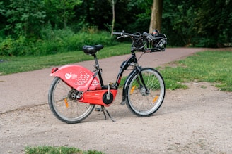 A red and black bicycle is parked on a gravel path near a grassy area. The bike has a labeled panel and includes a basket on the handlebars. Surrounding the path are trees and greenery, creating a natural setting.