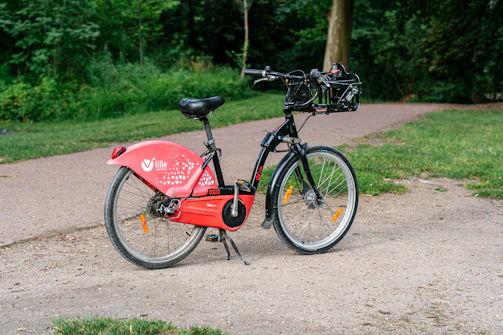a red bicycle is parked on the side of the road