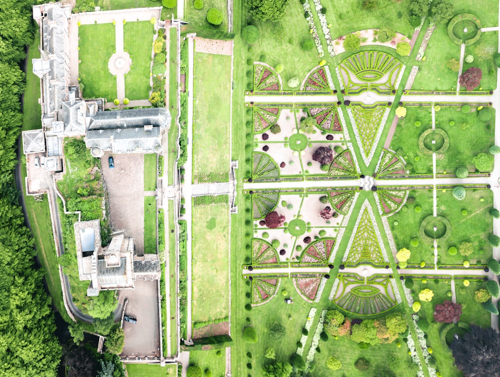an aerial view of a garden in a park