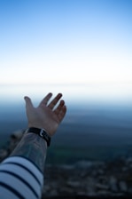 A tattooed arm extended outward against a serene landscape, with a gradient blue sky meeting a distant horizon over a body of water or possibly a misty valley. The foreground shows a portion of a striped sleeve.