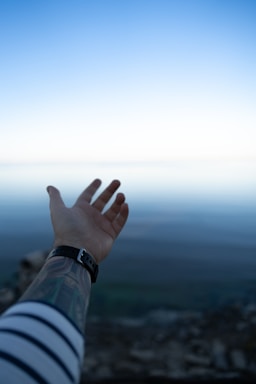 A tattooed arm extended outward against a serene landscape, with a gradient blue sky meeting a distant horizon over a body of water or possibly a misty valley. The foreground shows a portion of a striped sleeve.