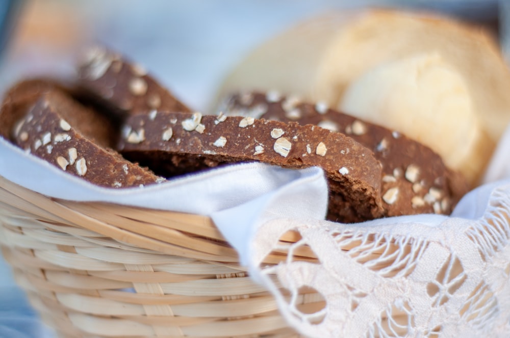 a close up of a basket of bread