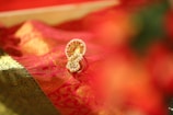 A detailed golden and red embellished fabric is draped elegantly, featuring intricate patterns and textures. Nestled on the fabric is an ornate gold ornament with small embedded pearls and red stones, exuding luxury and cultural richness.