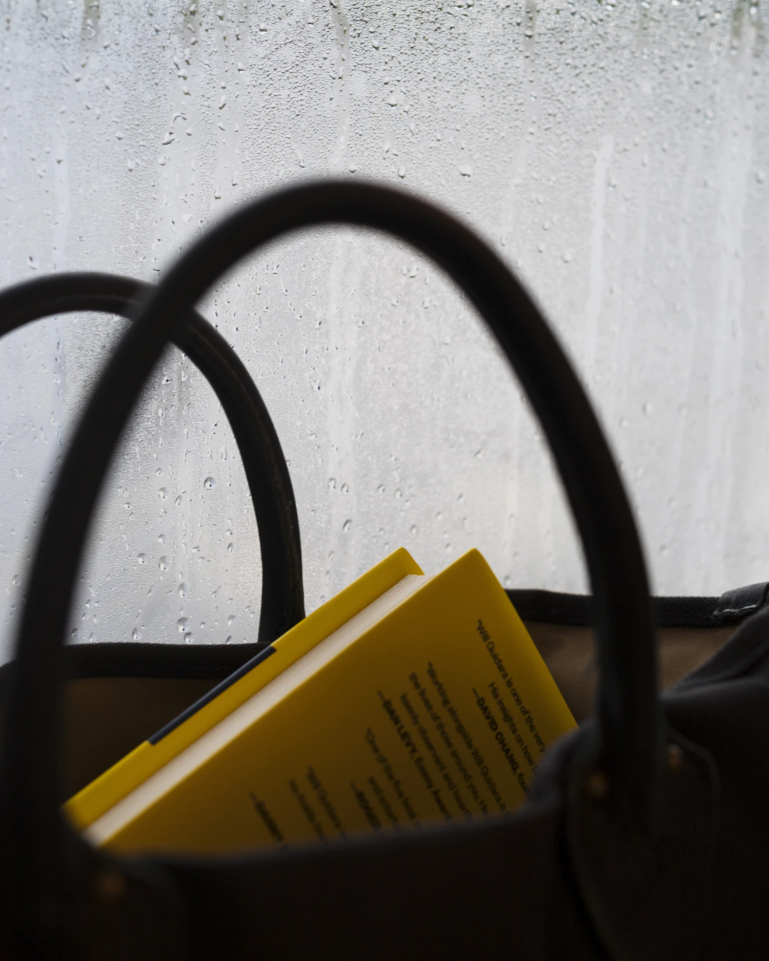 A dark leather tote open against a rain-streaked window with a yellow paperback standing inside it