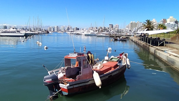 A small motorboat is docked in a calm marina with clear blue water. Several yachts are lined up across the water, with a cityscape of mid-rise buildings in the background. The sky is clear and sunny, and a few palm trees and green spaces are visible by the waterfront.