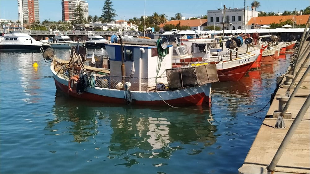 several boats docked in a harbor with buildings in the background