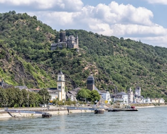 a large body of water with a castle on a hill in the background