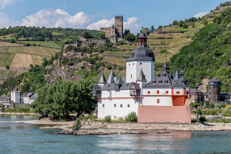 a castle sits on a small island in the middle of a river