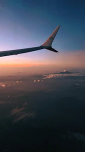 Wide aerial view of a virtual airplane soaring above mountains at sunset.
