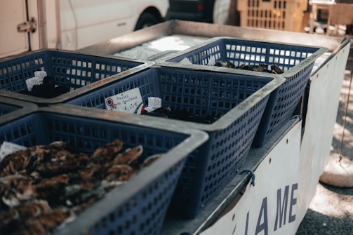 Several blue plastic baskets contain various types of seafood, likely shellfish, displayed in a market setting. Price tags in the baskets indicate the cost and type of seafood available. The white van in the background and wooden elements add context to the market scene.