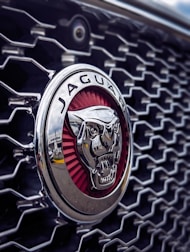 A close-up of a car grill featuring a prominent emblem with a chrome jaguar face in the center, set against a red circular background. The grill has a geometric pattern with silver and black tones.