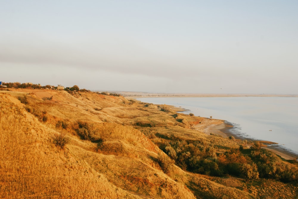 a grassy hill with a body of water in the distance