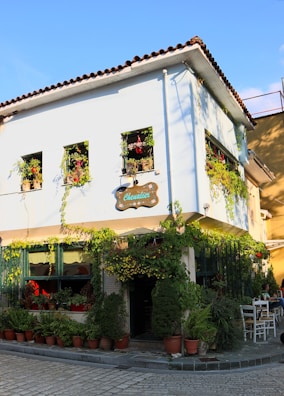 A charming café located on a cobblestone street, with a rustic two-story building adorned with vibrant green plants and flowers cascading from window boxes. The café features potted plants outside, adding to the cozy and inviting atmosphere. A sign hangs above the entrance, and a few chairs and tables are set up outside for patrons to enjoy.