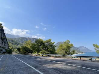 Tourist van driving along a scenic coastal road with mountains in the background