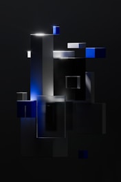 a black and blue abstract painting with a light coming from it