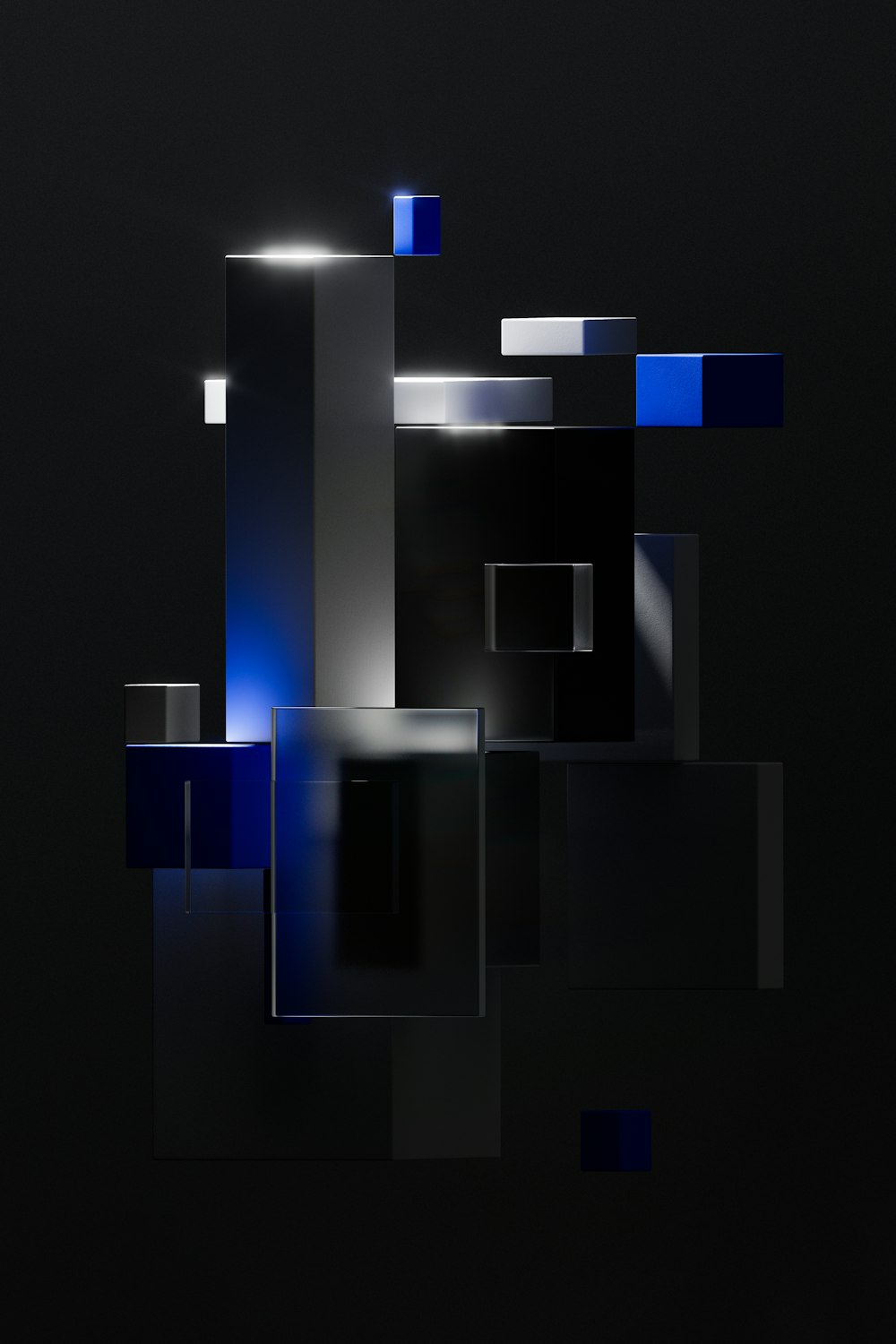 a black and blue abstract painting with a light coming from it