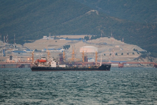 A large ship is anchored in a body of water with a busy industrial facility in the background. The facility includes numerous structures, machinery, and cranes, set against a backdrop of forested mountains.