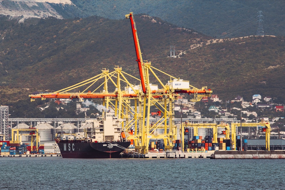 a large cargo ship in a harbor with a mountain in the background