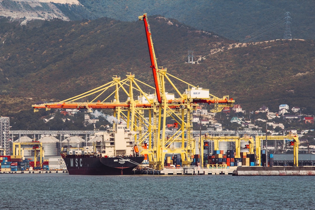 a large cargo ship in a harbor with a mountain in the background,