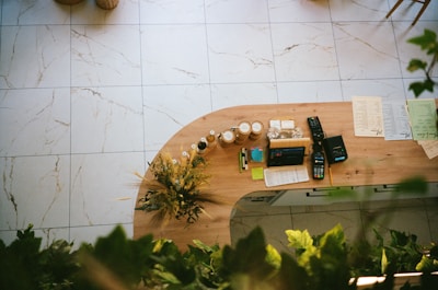 Concierge desk with organized supplies and a welcoming atmosphere.
