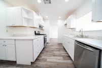 Bright, modern kitchen with custom cabinetry and elegant countertops bathed in natural light.