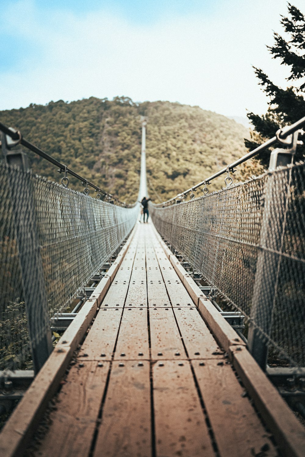 a person walking across a suspension bridge over a river