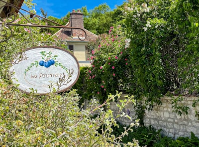 A rustic sign with the image of plums and the words 'La Pruni&egrave;re' hangs among vibrant foliage. Stone walls and a quaint house with a chimney can be seen partially obscured by lush greenery and blooming flowers, under a bright blue sky.