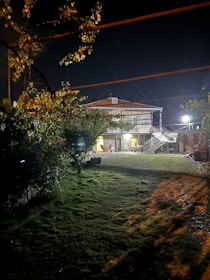 A nighttime scene showing a Prime Pest technician applying treatment outside a Sebring home.