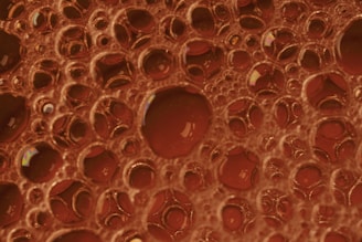A close-up view of a collection of bubbles, creating a dense foam texture. The bubbles vary in size and are tightly packed, with some reflecting light, giving a glossy appearance. The background has a rich, deep caramel color.