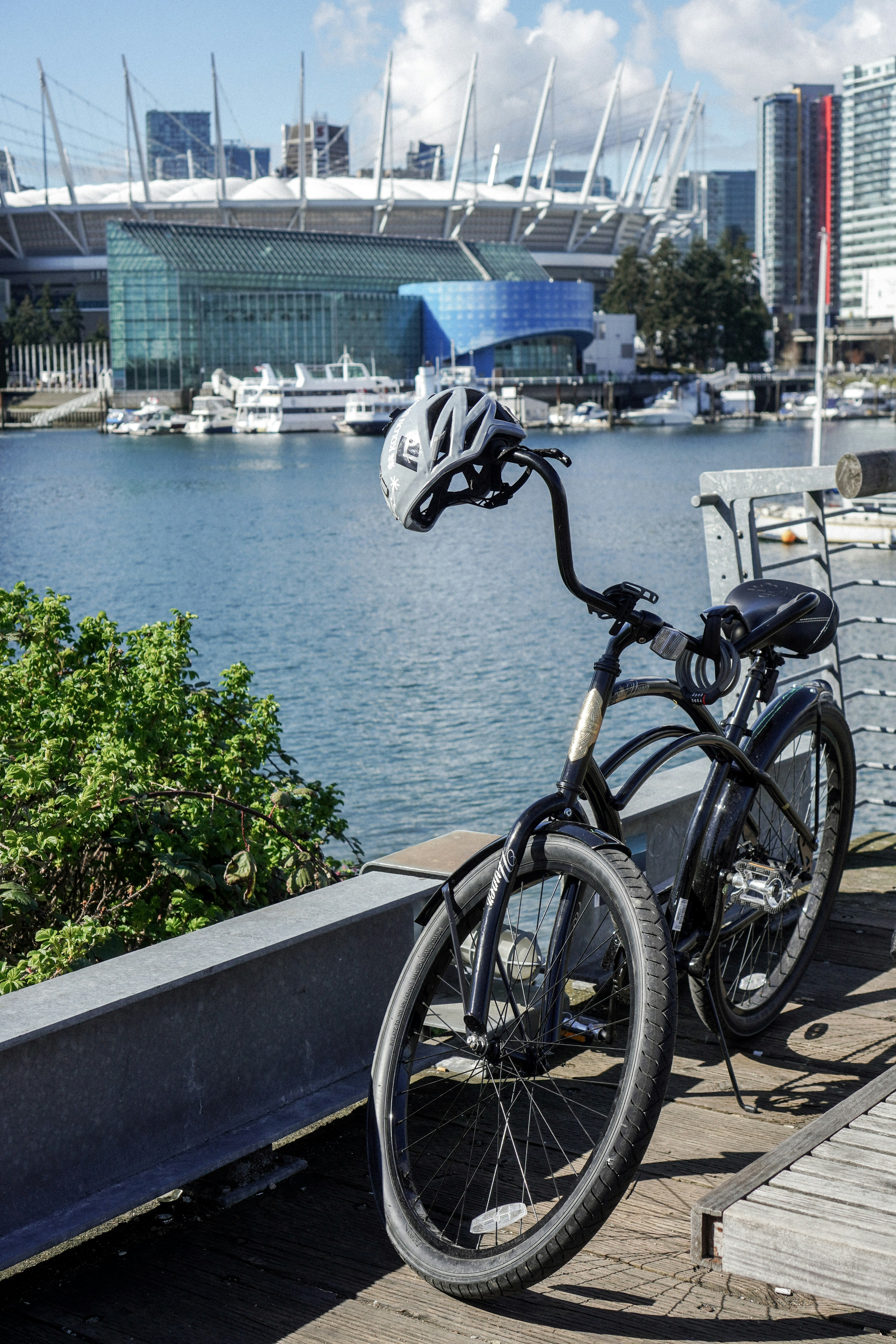 a bicycle is parked on a dock near a body of water